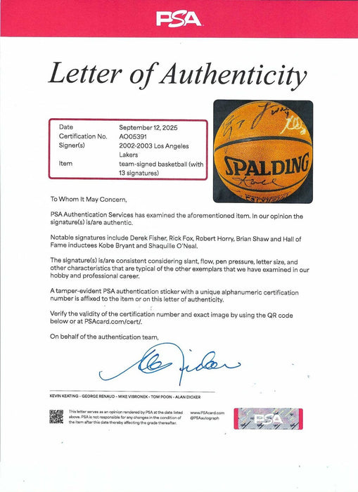 Kobe Bryant 2002-03 Los Angeles Lakers NBA Champs Team Signed Basketball PSA