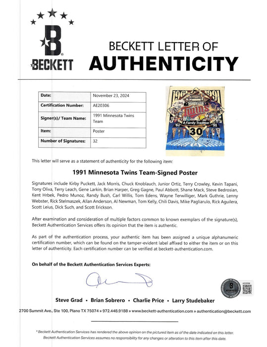 1991 Minnesota Twins World Series Champs Team Signed 18x24 Poster Beckett COA