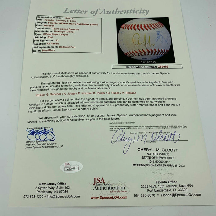 Aaron Judge Pre Rookie Yankees Team Signed Game Used Baseball JSA