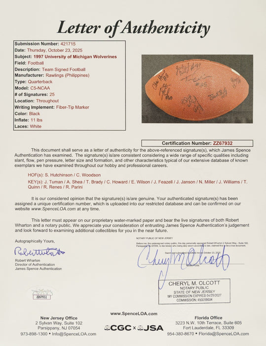 1997 Michigan Wolverines National Champs Team Signed Football Tom Brady JSA COA