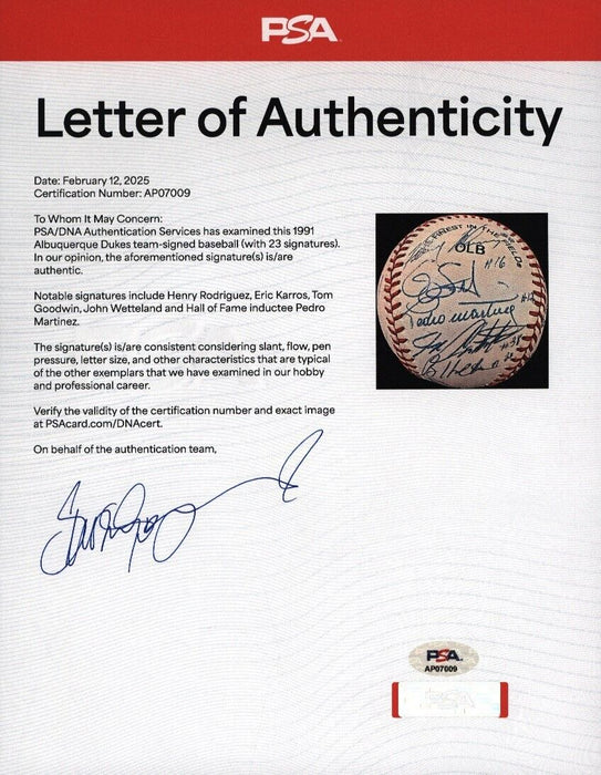 1991 Pedro Martinez Pre Rookie Albuquerque Dukes Team-Signed Baseball PSA
