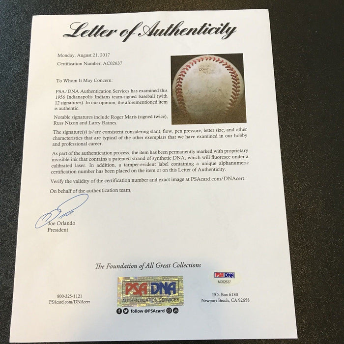 Roger Maris Pre Rookie 1956 Indianapolis Indians Team Signed Baseball PSA DNA