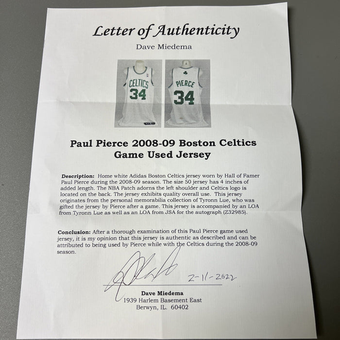 Paul Pierce 2008-09 Boston Celtics Game Used Signed Jersey JSA COA