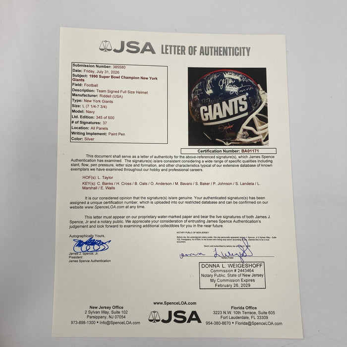 1990 New York Giants Super Bowl Champs Team Signed Full Size Helmet JSA Steiner