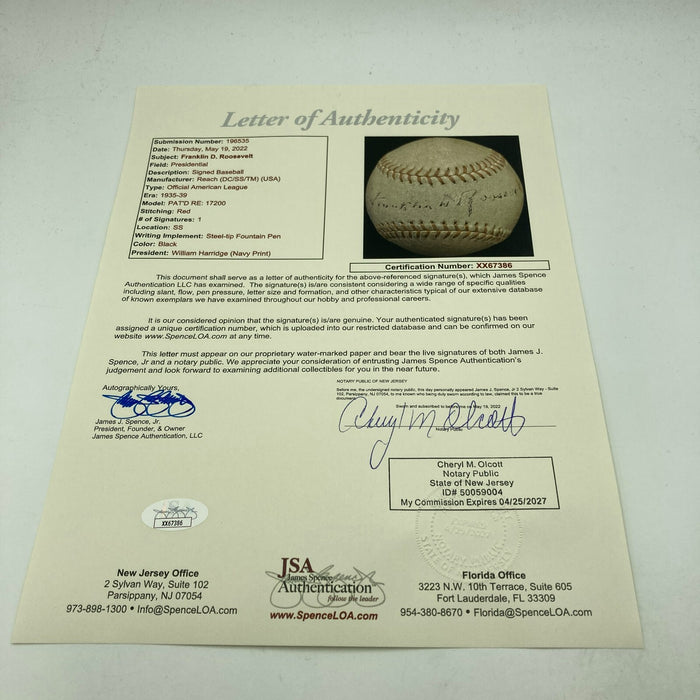 President Franklin D. Roosevelt Single Signed 1935 American League Baseball JSA