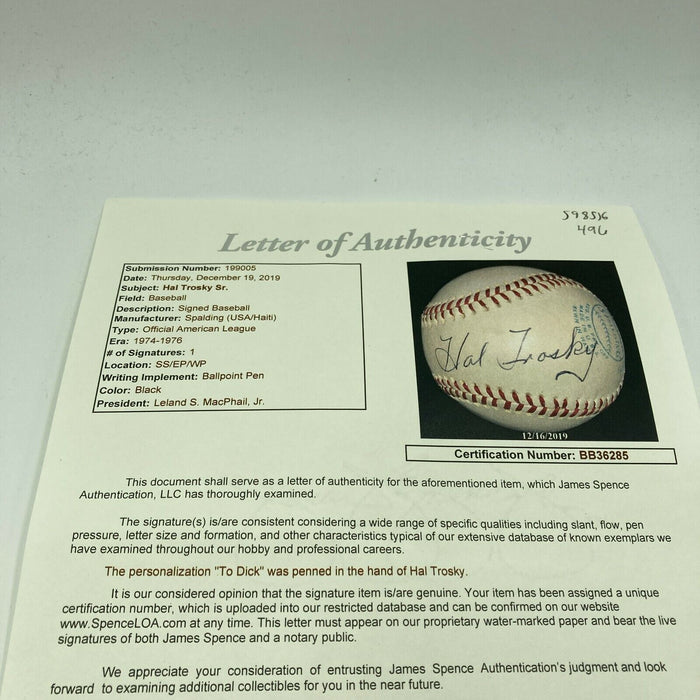 Hal Trosky Sr. Single Signed American League Baseball (Dec 1979) JSA COA RARE