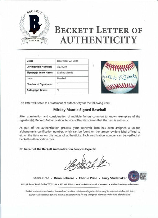 Mickey Mantle Signed American League Baseball Beckett Graded MINT 9