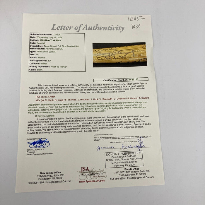 1963 New York Mets Team Signed Game Issued Baseball Bat 20+ Sigs JSA COA