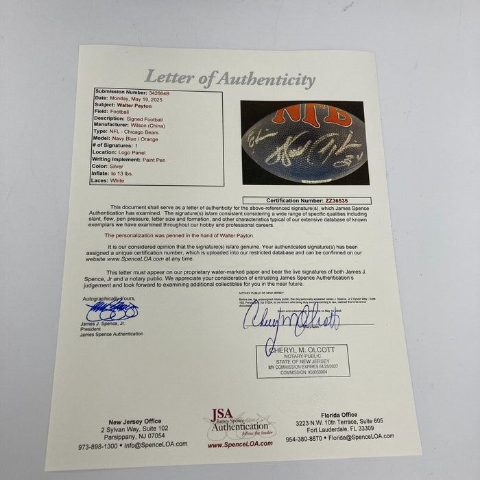Walter Payton #34 Signed Wilson Chicago Bears Football JSA COA