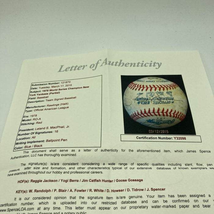 1978 Yankees World Series Champs Team Signed American League Baseball JSA COA