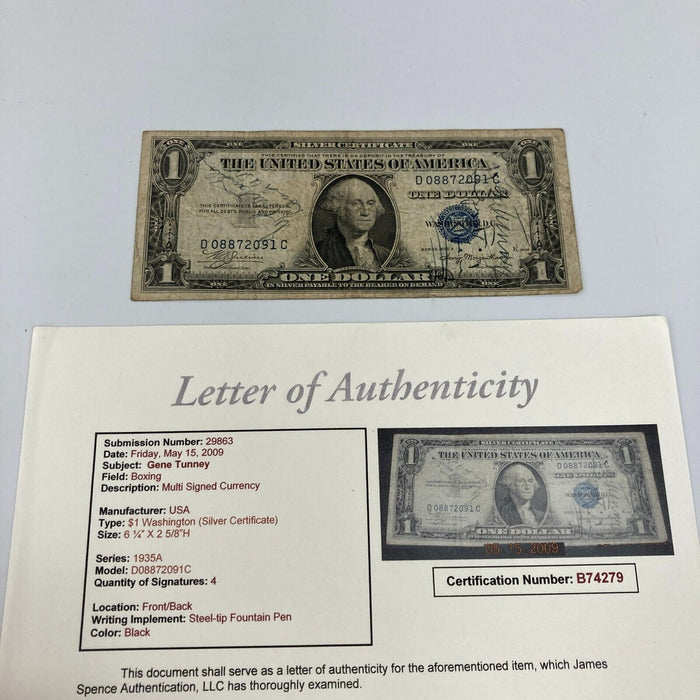 Gene Tunney Signed 1935 $1 One Dollar Bill With JSA COA Boxing Hall Of Fame