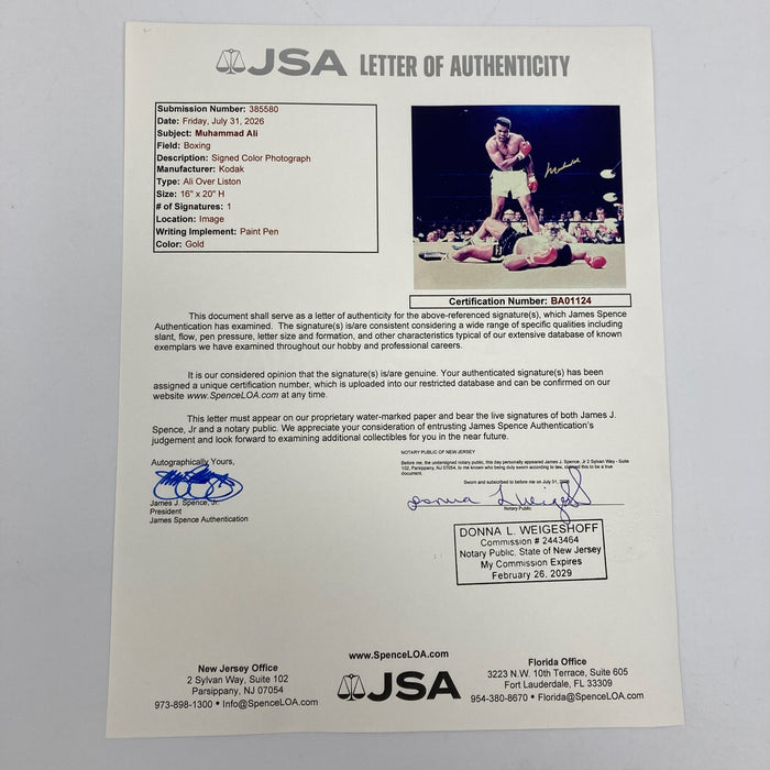 Muhammad Ali Signed 16x20 Photo VS. Sonny Liston JSA COA