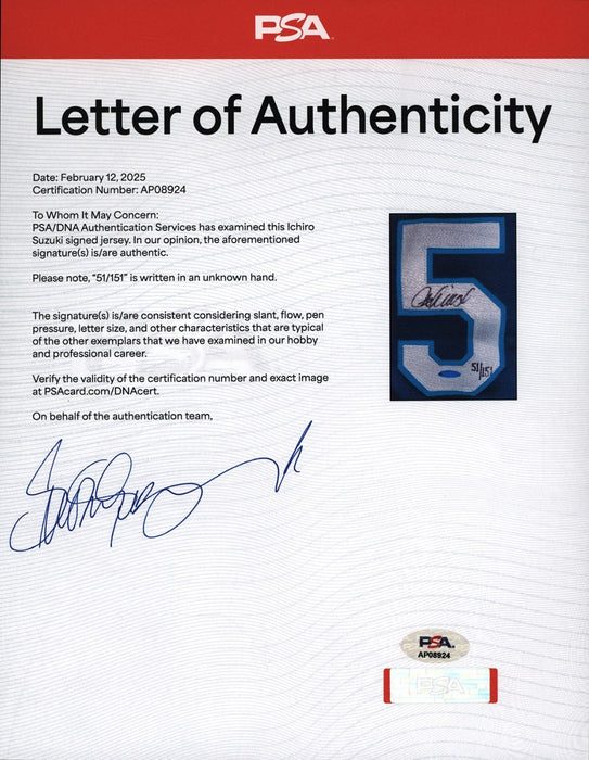 Ichiro Suzuki Rookie Signed 2001 Seattle Mariners Authentic Jersey UDA & PSA DNA