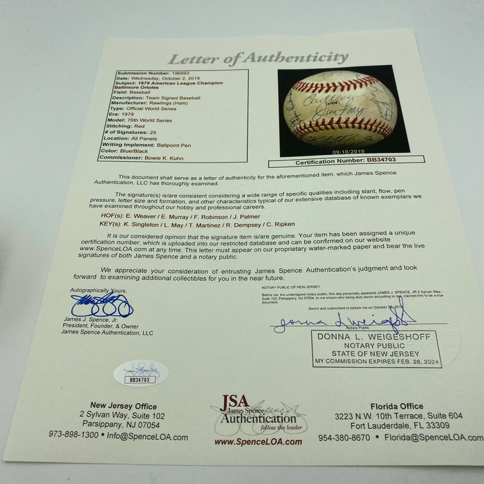 1979 Baltimore Orioles AL Champs Team Signed World Series Baseball JSA COA