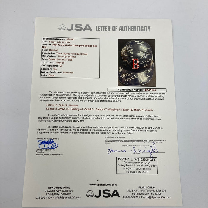 2004 Boston Red Sox World Series Champs Team Signed Authentic Helmet JSA COA