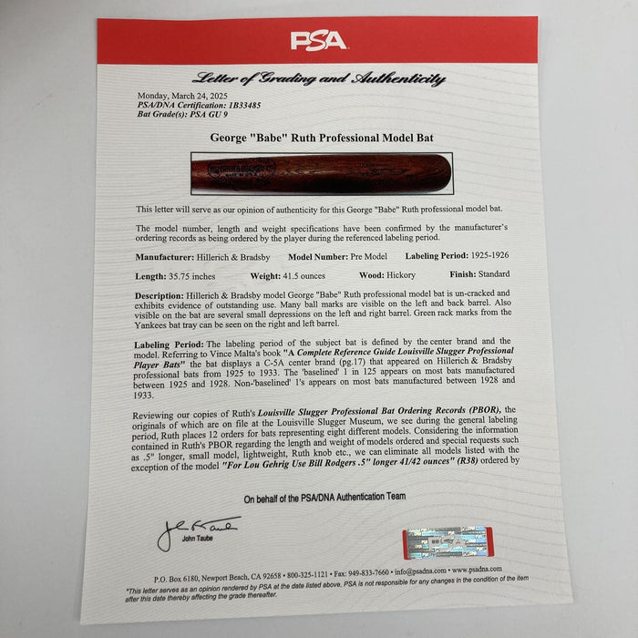 The Finest Babe Ruth 1925-1926 Game Used Bat PSA 9 & MEARS 10 COA