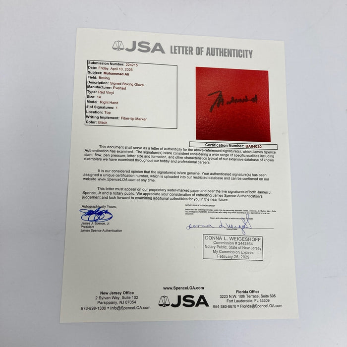 Muhammad Ali Signed Everlast Boxing Glove JSA COA