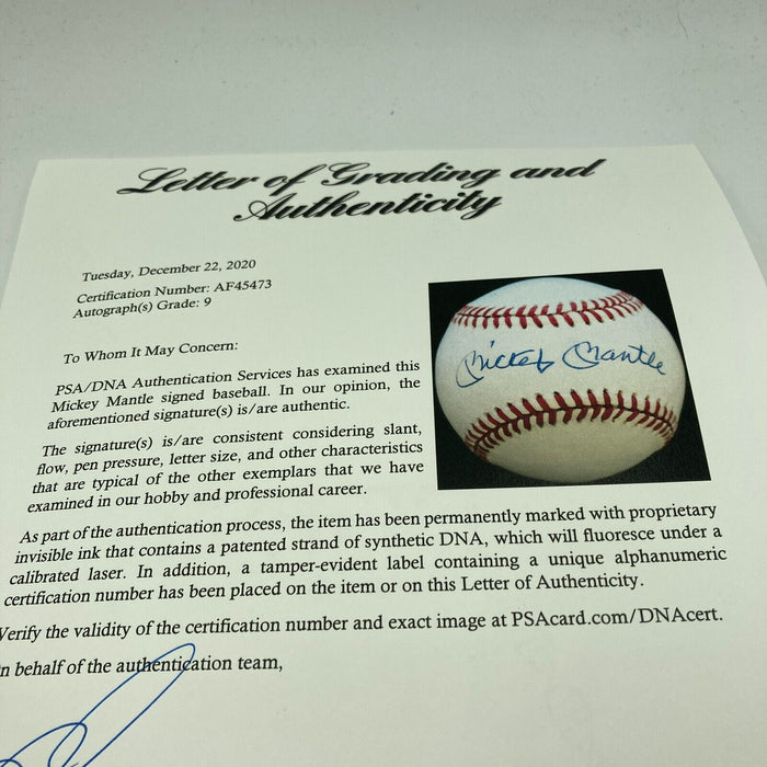 Mickey Mantle Signed American League Baseball PSA DNA Graded MINT 9