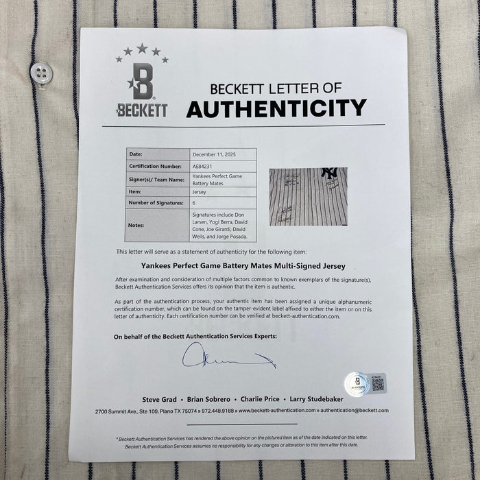 New York Yankees Perfect Game Signed Jersey Larsen Wells Cone Yogi Berra Beckett