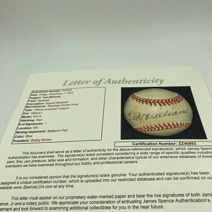 Ted Williams Signed Official American League Baseball JSA COA