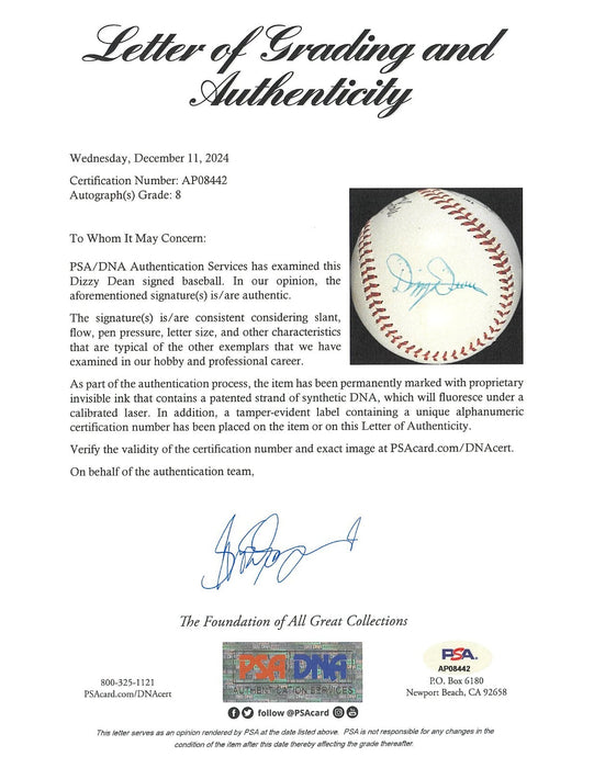 Beautiful Dizzy Dean Single Signed National League Baseball PSA DNA Near Mint 8