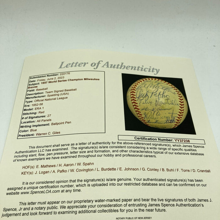 Beautiful 1957 Milwaukee Braves World Series Champs Team Signed Baseball JSA COA