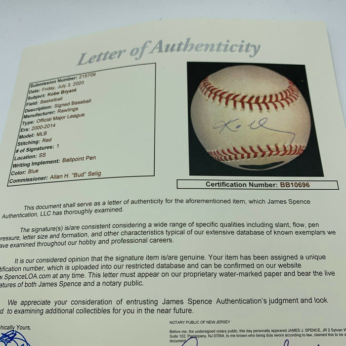 Rare Kobe Bryant Signed Major League Baseball Upper Deck UDA Holo & JSA COA