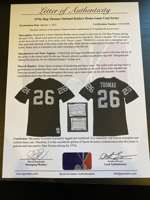 The Finest 1974 Skip Thomas "Dr. Death" Game Used Oakland Raiders Jersey