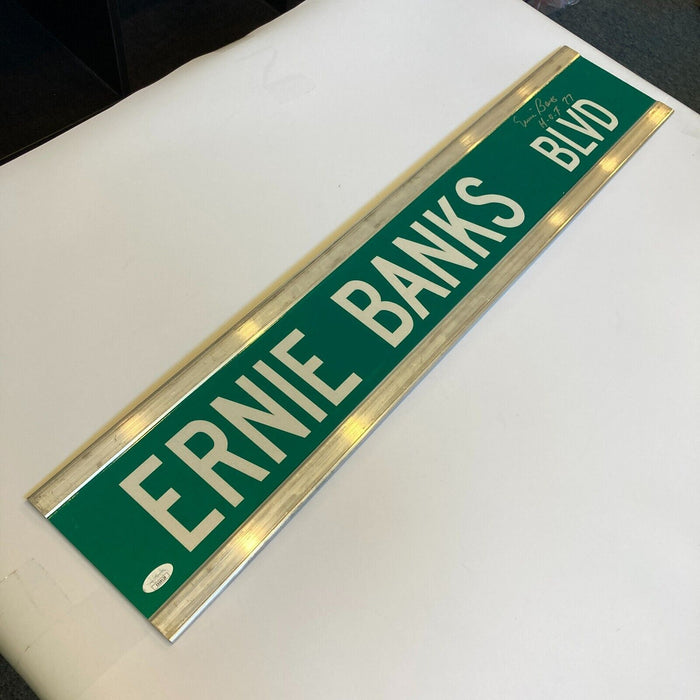 Ernie Banks Twice Signed 6x30 Street Sign Ernie Banks BLVD JSA COA