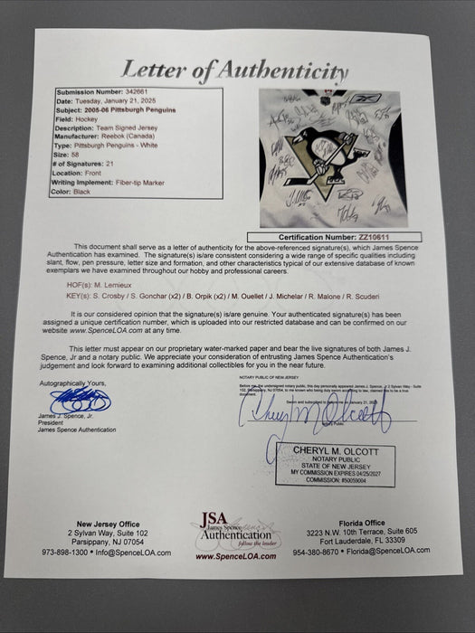 Sidney Crosby Rookie 2005-06 Pittsburgh Penguins Team Signed Game Jersey JSA COA