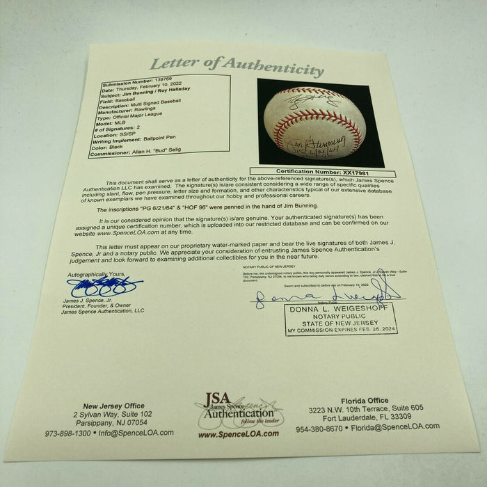 Roy Halladay & Jim Bunning Perfect Game Signed Major League Baseball JSA COA