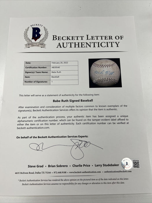 Earliest Known Babe Ruth 1918 Single Signed Baseball Beckett COA