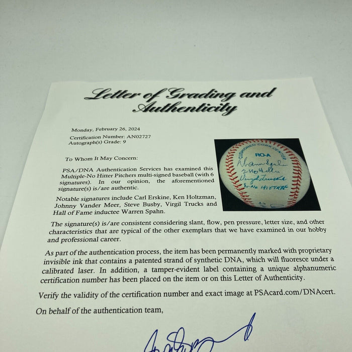 Pitchers Who Threw 2 No Hitters Signed Baseball Spahn Vandermeer PSA DNA MINT 9