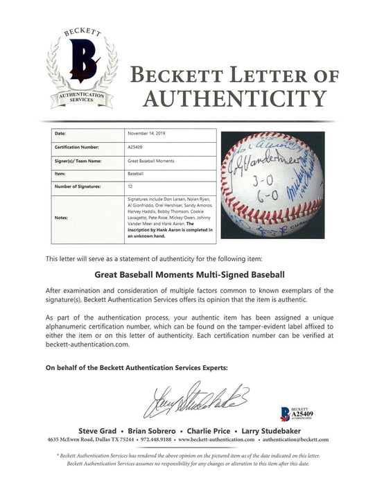 Baseball Great Moments Signed Baseball Hank Aaron Nolan Ryan Don Larsen Beckett