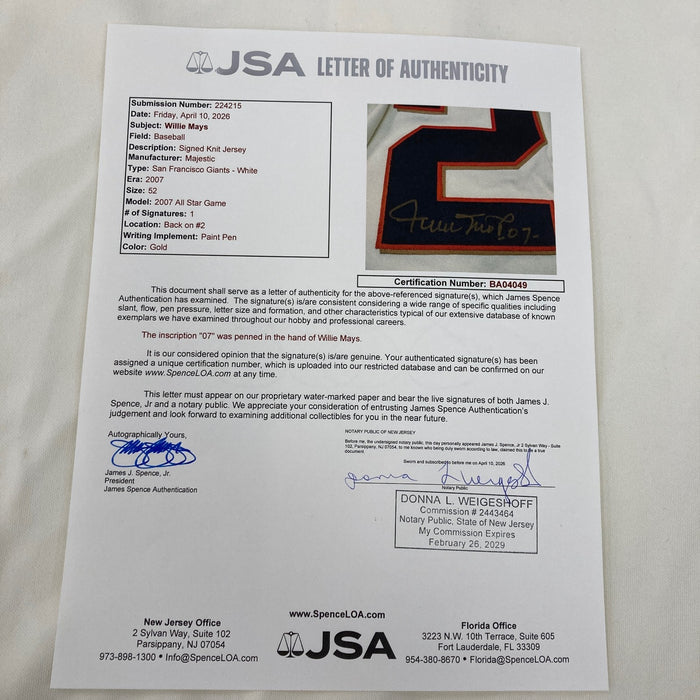 Willie Mays Signed 2007 San Francisco Giants Game Jersey From Mays Estate JSA