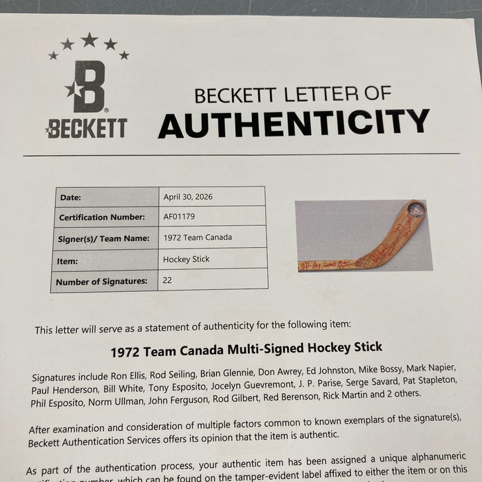 1972 Team Canada Summit Series Team Signed Hockey Stick Beckett COA 22 Sigs