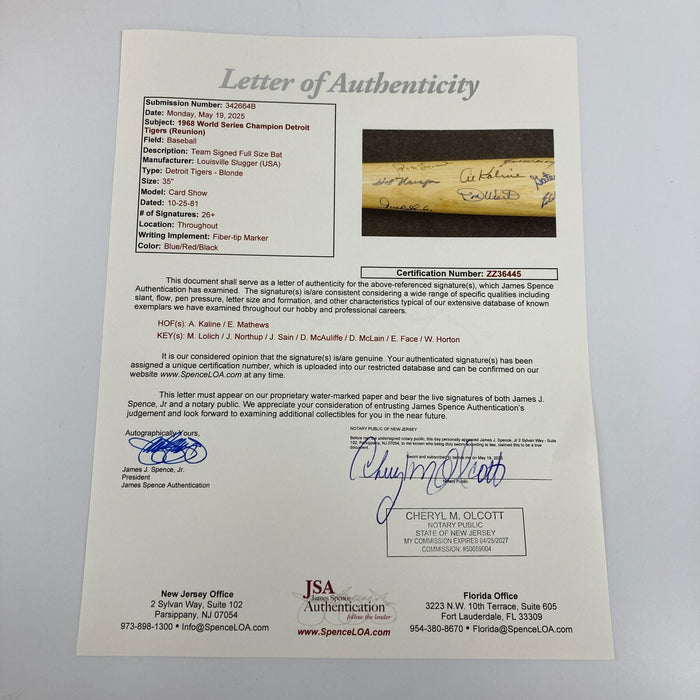 1968 Detroit Tigers World Series Champs Team Signed Bat Norm Cash JSA COA