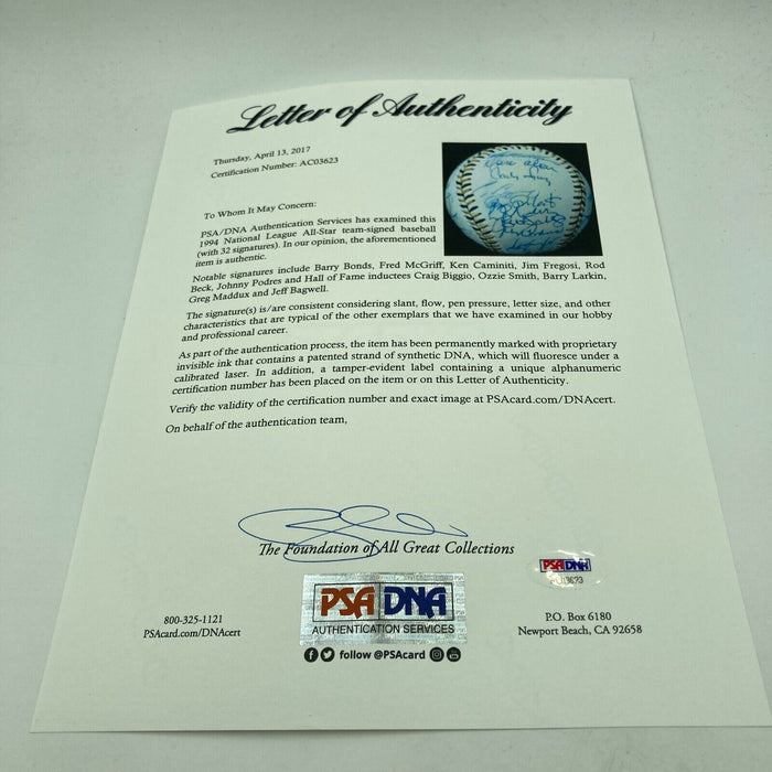 1994 All Star Game National League Team Signed Baseball Barry Bonds PSA DNA COA