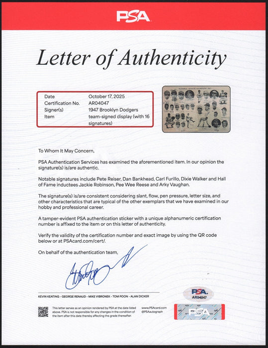 Jackie Robinson Rookie 1947 Brooklyn Dodgers Team Signed Program PSA DNA COA