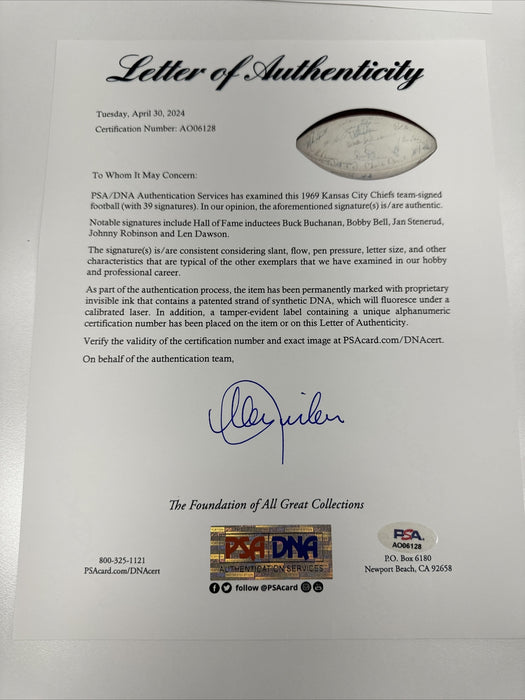 1969 Kansas City Chiefs Super Bowl Champs Team Signed AFL Game Football PSA DNA
