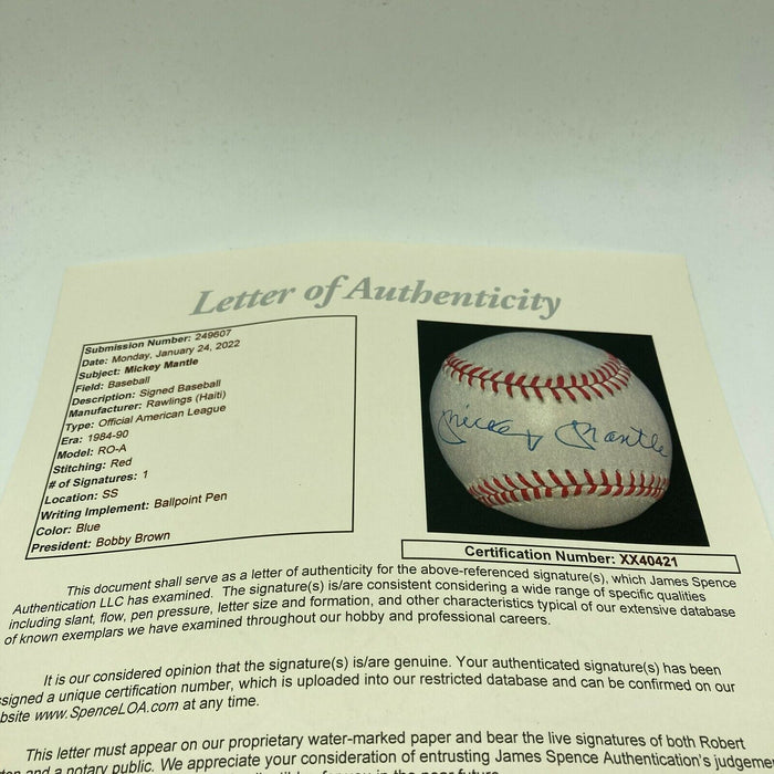 Stunning Mickey Mantle Signed  Official American League Baseball Mint JSA COA