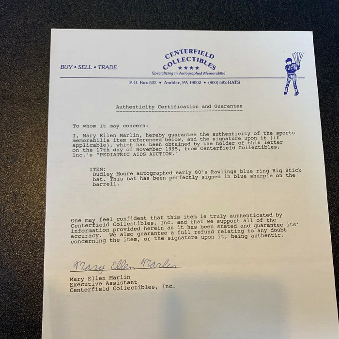 Dudley Moore Signed Personal Model Baseball Bat With JSA COA & Signed Letter