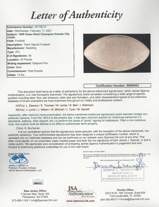 1969 Kansas City Chiefs Super Bowl Champs Team Signed AFL Game Football JSA COA