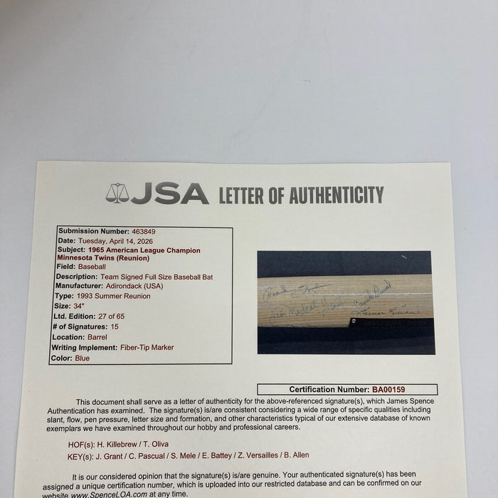 1965 Minnesota Twins American League Champs Team Signed Baseball Bat JSA COA