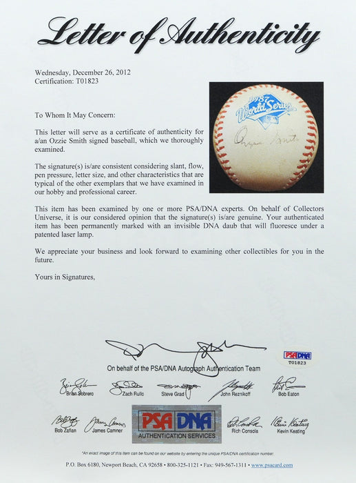 Ozzie Smith Signed 1987 World Series Game Used Baseball PSA DNA COA
