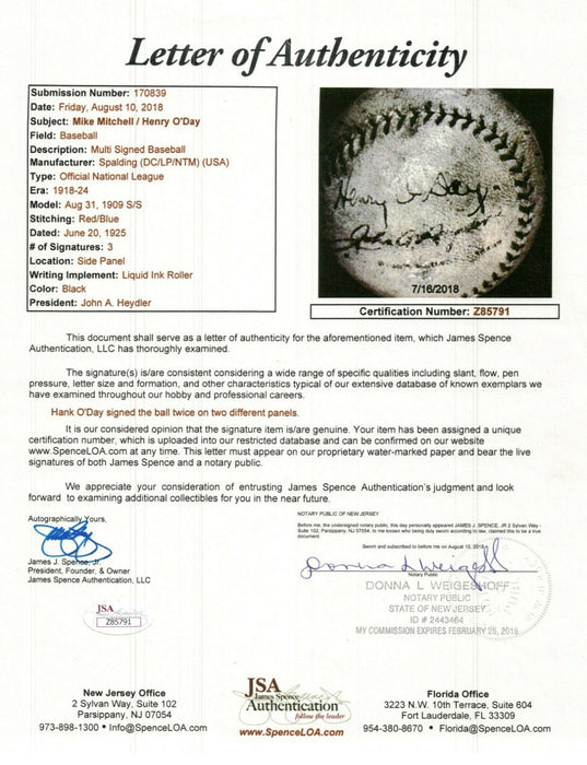 Hank O'Day Signed 1925 National League Baseball Dec. 1935 HOF The Only One Known