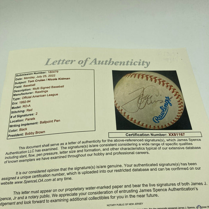 Tom Cruise & Nicole Kidman Signed American League Baseball JSA COA