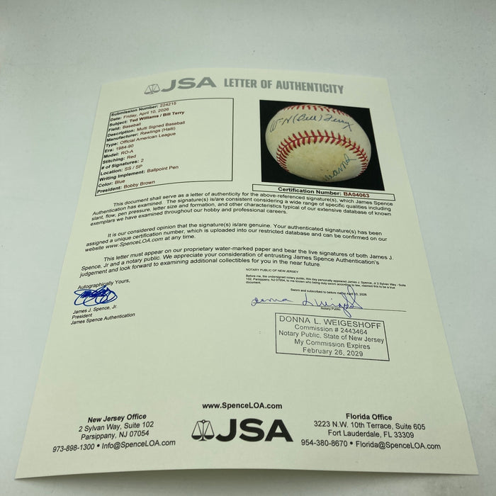 Ted Williams & Bill Terry Signed American League Baseball JSA COA