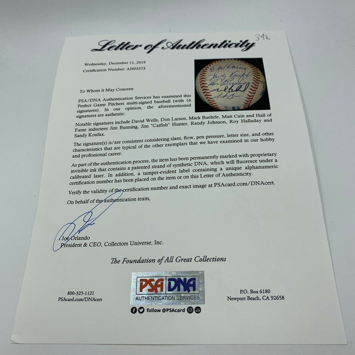 Magnificent Perfect Game Signed Baseball 16 Sigs Sandy Koufax Roy Halladay PSA