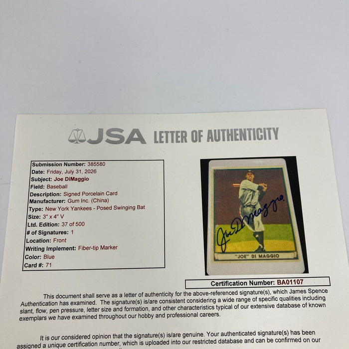 1941 Play Ball Joe Dimaggio Signed Porcelain Baseball Card JSA COA Auto
